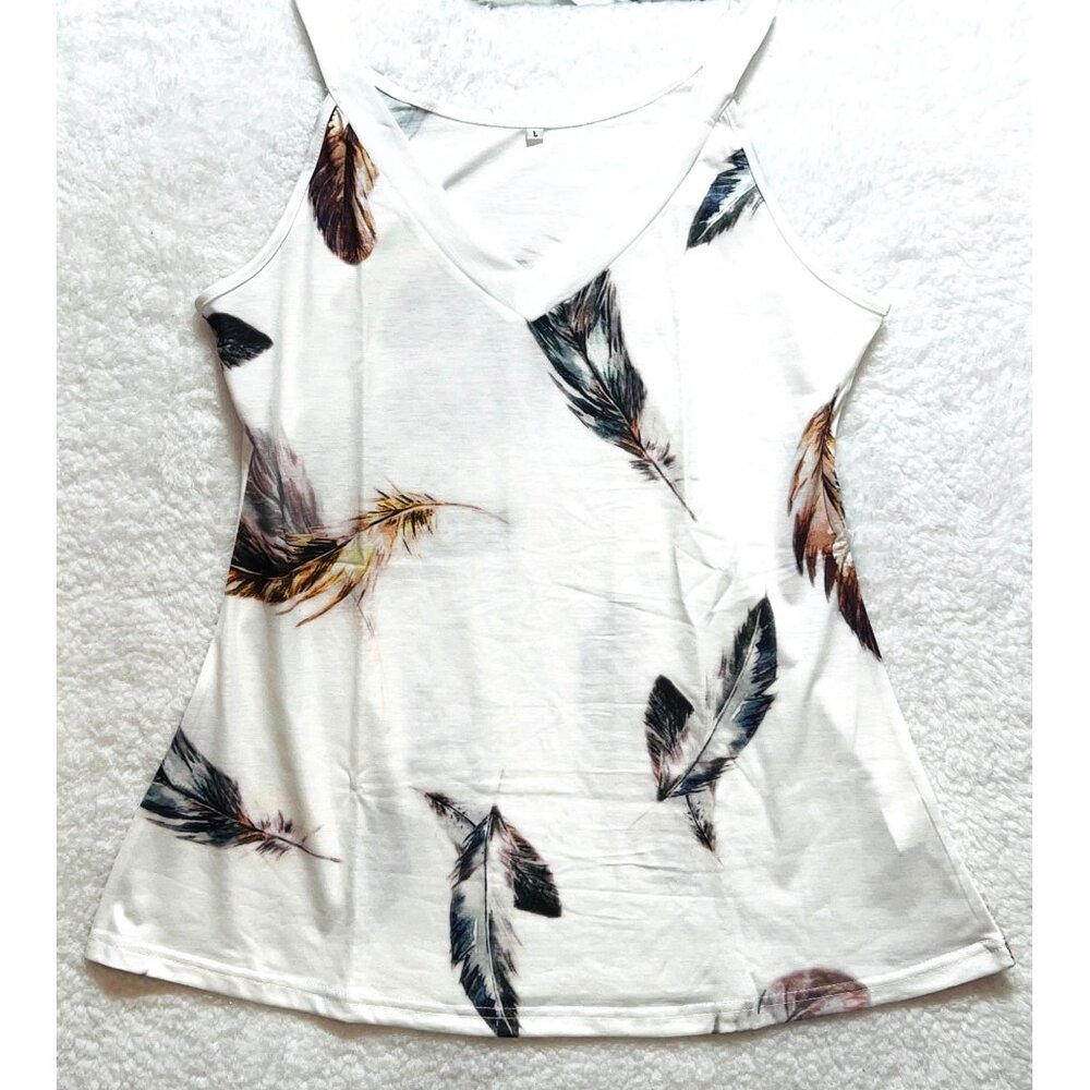 Summer Casual Women’s Large Feather Print Sleeveless White V-Neck Tank Top
